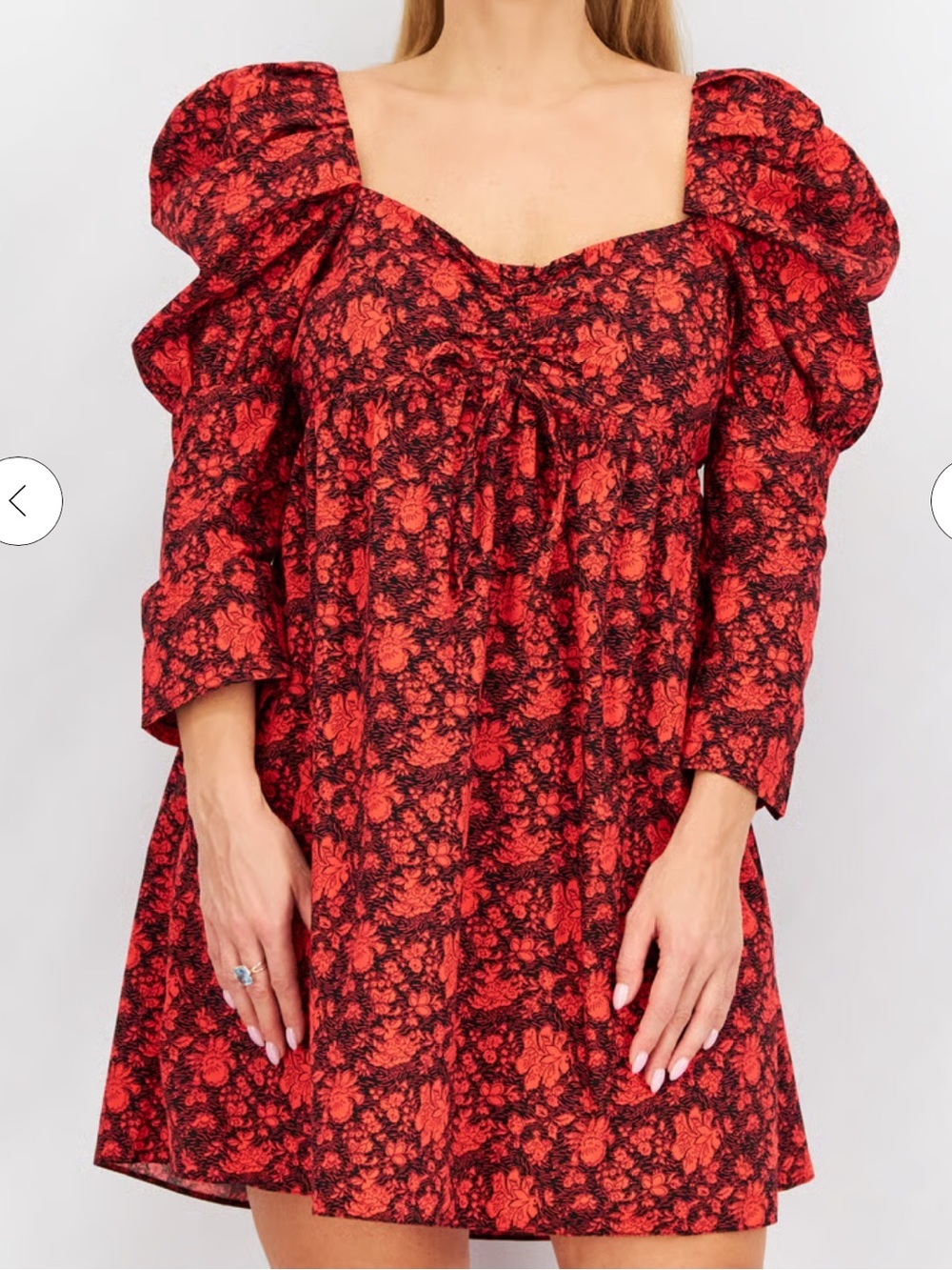 Topshop Red and Black Floral Puff-Sleeve Mini Dress